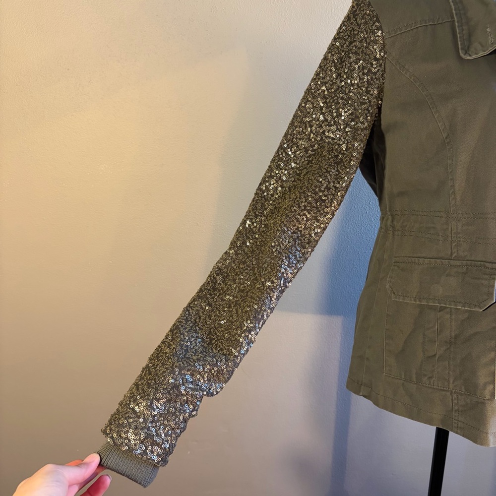 Quinn Olive Green Utility Jacket Sequin Sleeves Snap Pockets Military Anorak L - Picture 10 of 16